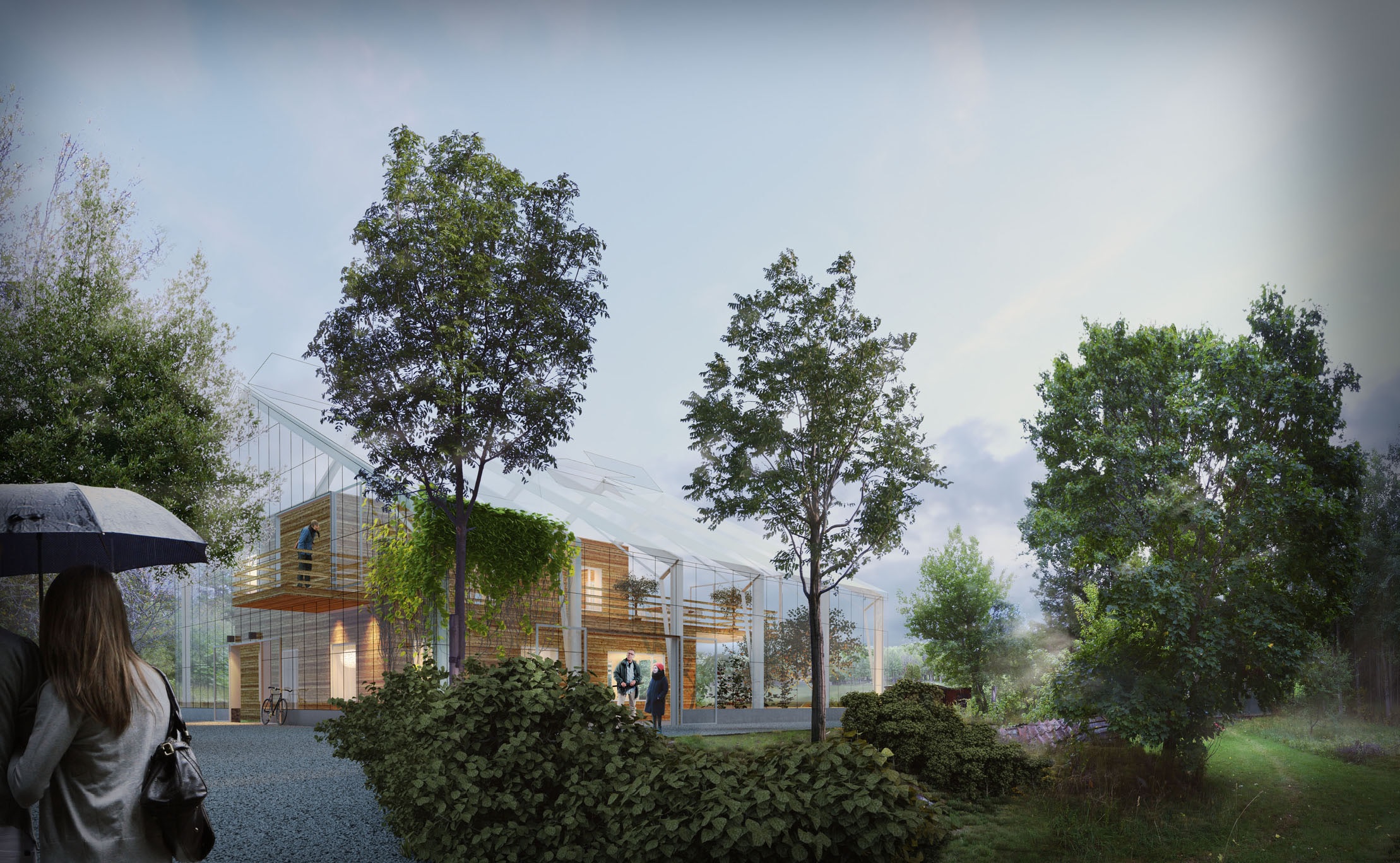 Early design visualisation of Sundby Naturhus showing the timber home within the asymmetrical greenhouse enclosure.