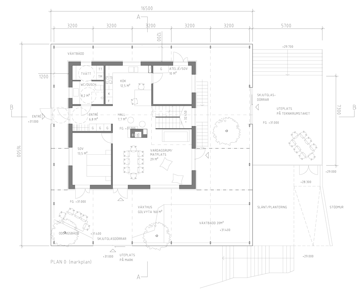 Original ground-floor planning drawing for Sundby Naturhus, showing the timber home, greenhouse growing beds and service building.