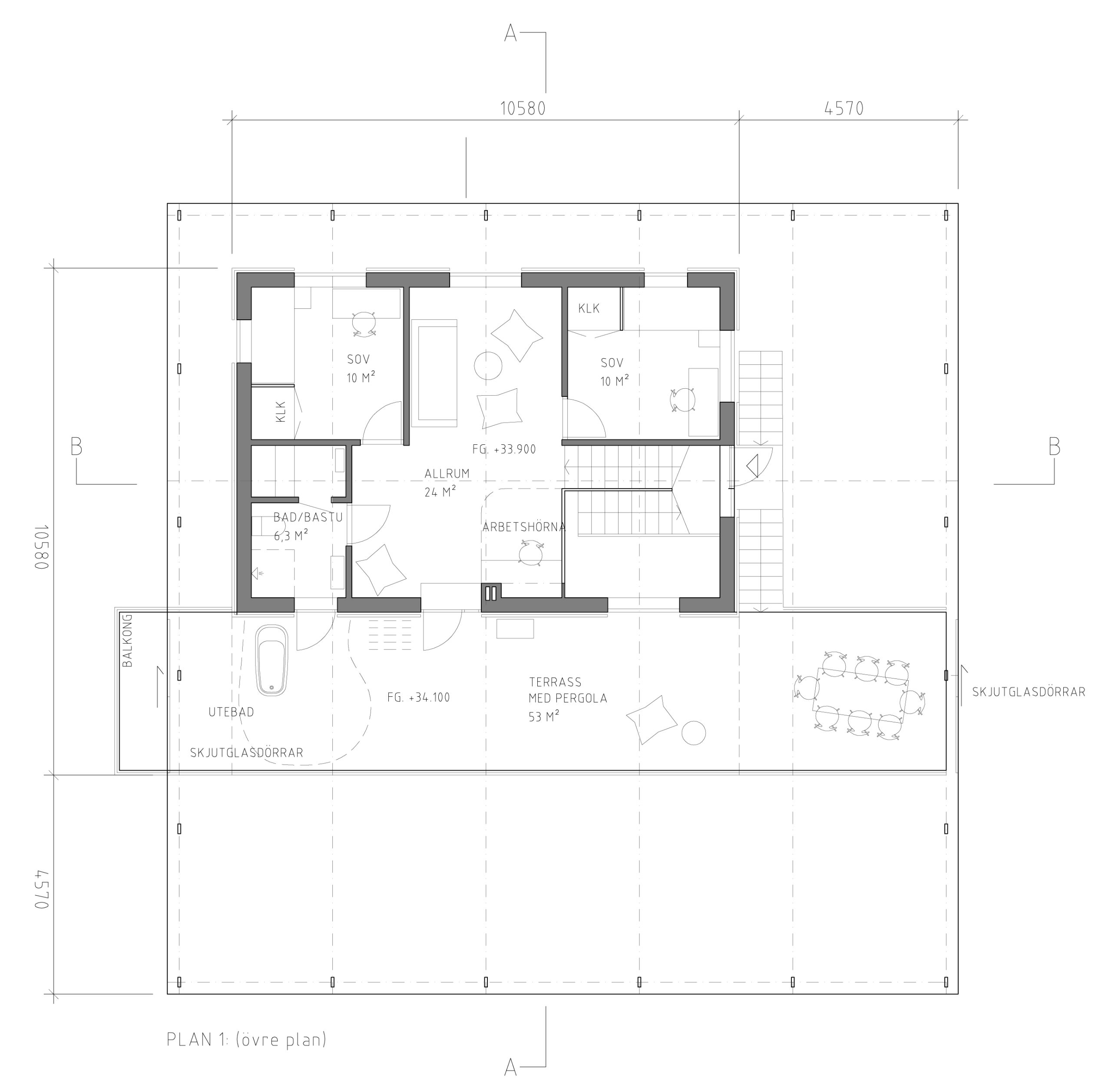 Original upper-floor planning drawing for Sundby Naturhus, showing bedrooms, bathroom, shared space and the long terrace inside the greenhouse.