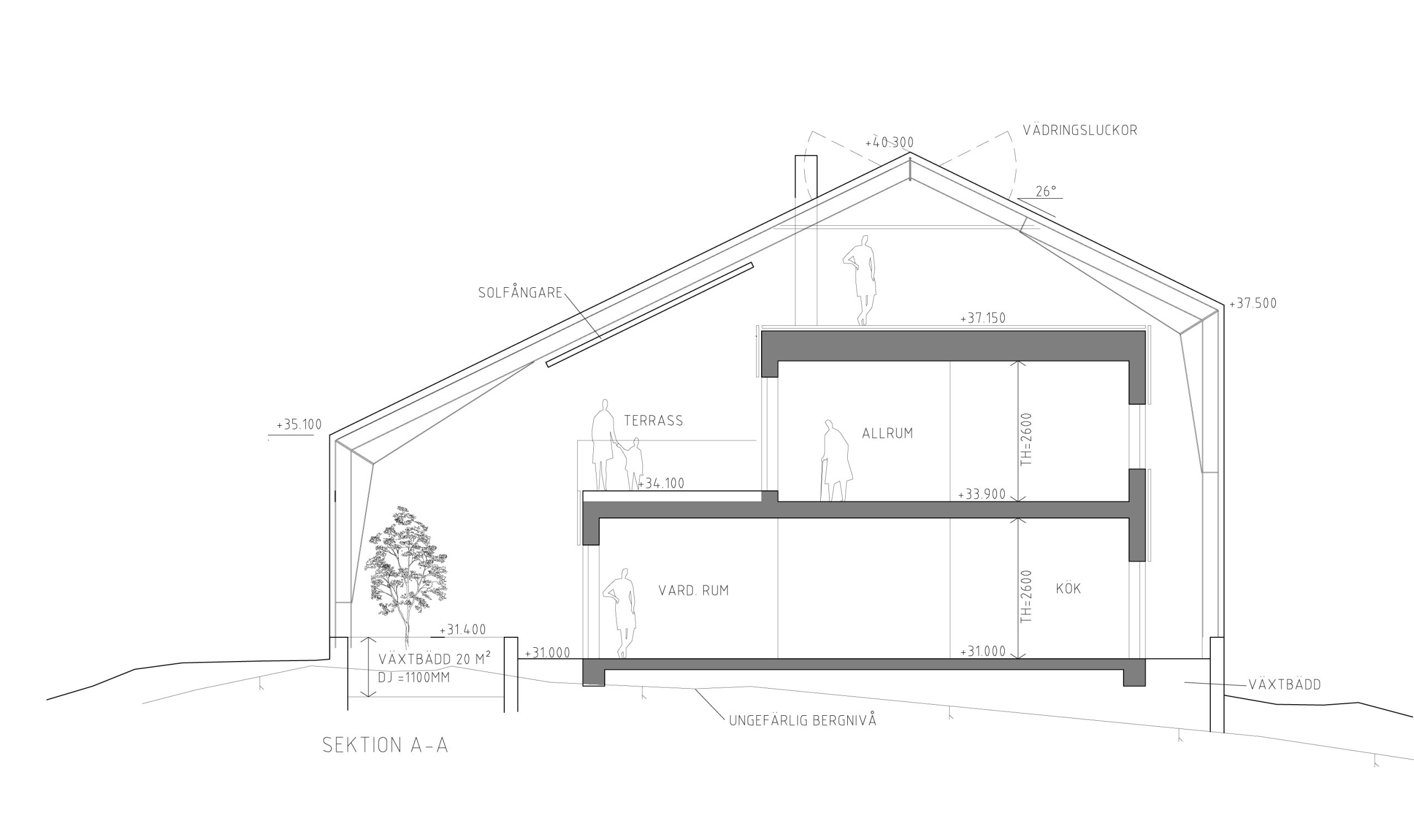 Original architectural section of the timber home and terraces inside the greenhouse